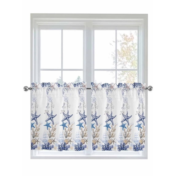 Half Window Curtain 36 Inches Long, Starfish Window Treatment Curtain Drapes, Blue Ocean Coastal Coral Shell Nautical Boat Small Tier Curtains for Bathroom Over Sink, 27.5"x36", 2 Panels