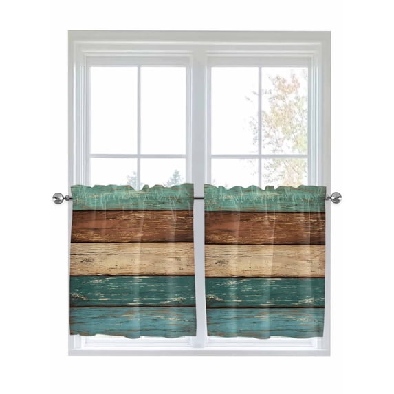 Half Window Curtain 36 Inches Long, Teal Turquoise Wooden Window Treatment Curtain Drapes, Rustic Retro Farmhouse Western Country Small Tier Curtains for Bathroom Over Sink, 27.5"x36", 2 Panels