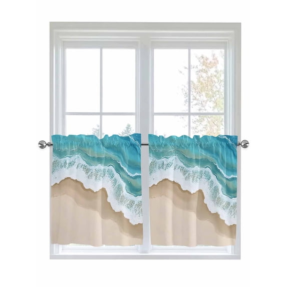 Half Window Curtain 36 Inches Long, Turquoise Ocean Window Treatment Curtain Drapes, Gradient Brown Shore Sandy Beach Abstract Small Tier Curtains for Bathroom Over Sink, 27.5"x36", 2 Panels