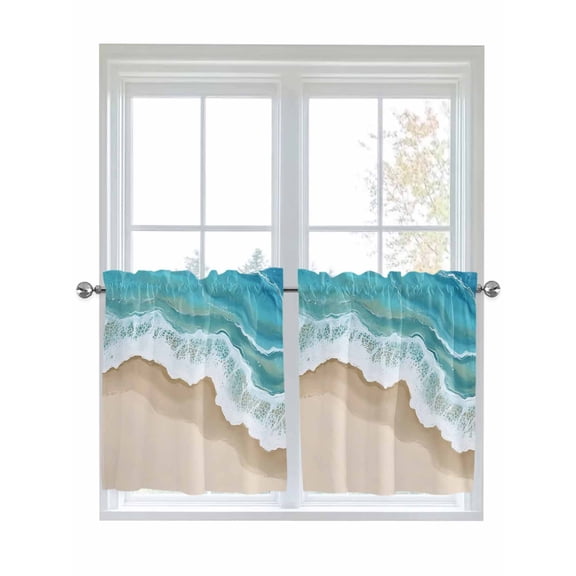 Half Window Curtain 36 Inches Long, Turquoise Ocean Window Treatment Curtain Drapes, Gradient Brown Shore Sandy Beach Abstract Small Tier Curtains for Bathroom Over Sink, 27.5"x36", 2 Panels