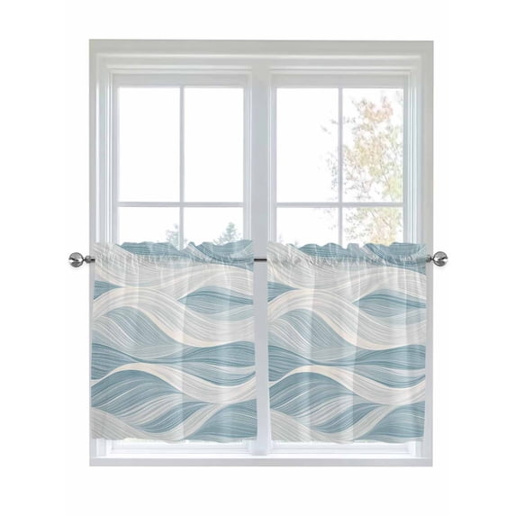 Half Window Curtain 36 Inches Long, White Blue Ombre Stripe Window Treatment Curtain Drapes, Modern Abstract Moire Waves Small Tier Curtains for Bathroom Over Sink, 27.5"x36", 2 Panels
