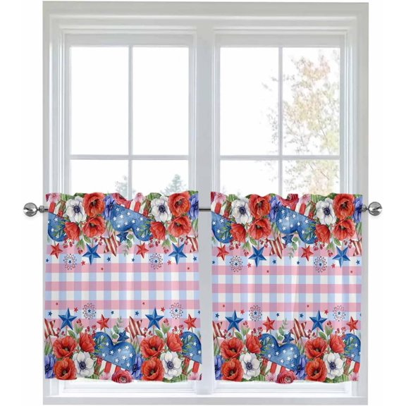 Half Window Curtains 24 Inches Long, 4th of July Window Treatment Curtain Drapes, Independence Day Floral Checkered Stars Short Curtains Tiers for Kitchen Over Sink, 27.5"x24", 2 Panels