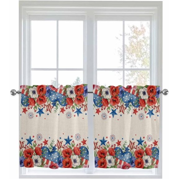 Half Window Curtains 24 Inches Long, 4th of July Window Treatment Curtain Drapes, Red Blue Independence Day Floral Star Rustic Short Curtains Tiers for Kitchen Over Sink, 27.5"x24", 2 Panels