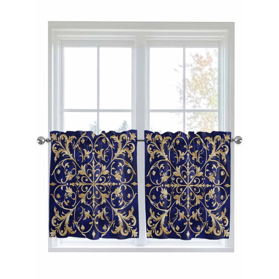 Half Window Curtains 24 Inches Long, Abstract Blue Gold Window Treatment Curtain Drapes, Luxurious Traditional Flower Leaf Short Curtains Tiers for Kitchen Over Sink, 27.5"x24", 2 Panels