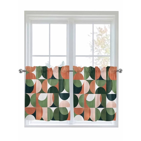 Half Window Curtains 24 Inches Long, Abstract Geometric, Window Treatment Curtain Drapes, Chic Multi Middle Century Aesthetics Short Curtains Tiers for Kitchen Over Sink, 27.5"x24", 2 Panels