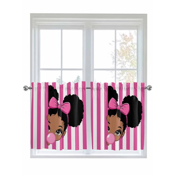 Half Window Curtains 24 Inches Long, African Girl Window Treatment Curtain Drapes, Afro American Black Girl with Bubble Pink Stripes Short Curtains Tiers for Kitchen Over Sink, 27.5"x24", 2 Panels