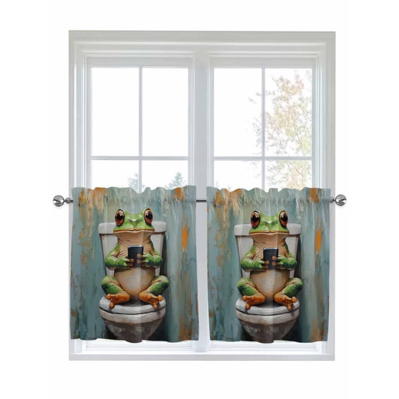 Half Window Curtains 24 Inches Long, Bathroom Frog Window Treatment Curtain Drapes, Toilet Animals Vintage Short Curtains Tiers for Kitchen Over Sink, 27.5"x24", 2 Panels