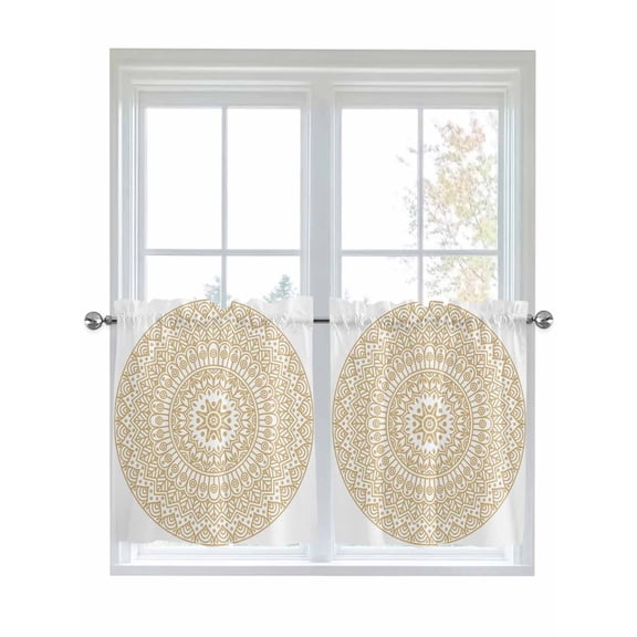 Half Window Curtains 24 Inches Long, Beige Boho Window Treatment Curtain Drapes, Retro Farmhouse Ethnic Abstract Geometric Art Short Curtains Tiers for Kitchen Over Sink, 27.5"x24", 2 Panels