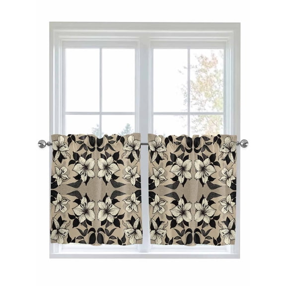 Half Window Curtains 24 Inches Long, Black Floral Window Treatment Curtain Drapes, Vintage Khaki Floral Retrp Plant Leaf Short Curtains Tiers for Kitchen Over Sink, 27.5"x24", 2 Panels