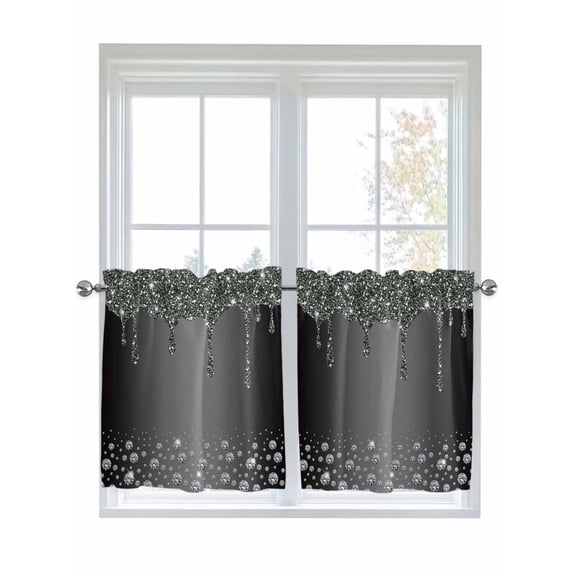 Half Window Curtains 24 Inches Long, Black Grey Window Treatment Curtain Drapes, Modern Abstract Diamond Luxury Gradient Short Curtains Tiers for Kitchen Over Sink, 27.5"x24", 2 Panels