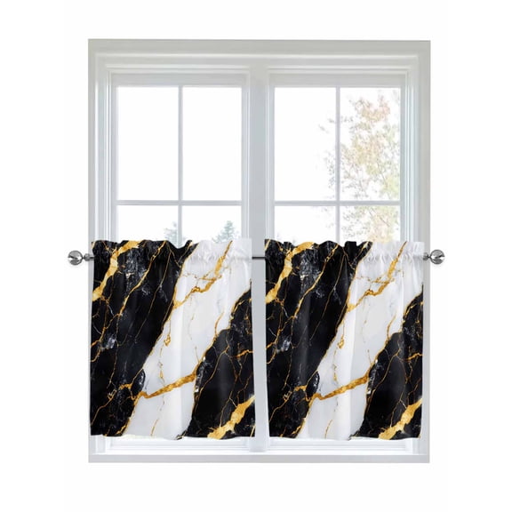 Half Window Curtains 24 Inches Long, Black Marble Window Treatment Curtain Drapes, Luxury Gold White Abstract Cracks Artwork Short Curtains Tiers for Kitchen Over Sink, 27.5"x24", 2 Panels