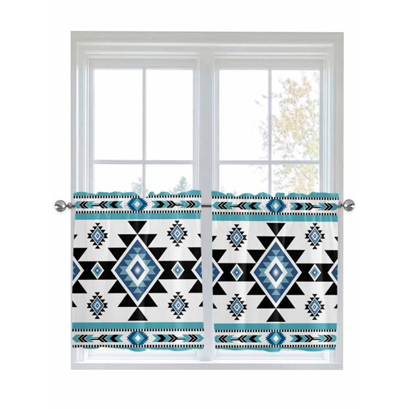 Half Window Curtains 24 Inches Long, Blue Aztecs Window Treatment Curtain Drapes, Southwestern Stripe Native American Boho Short Curtains Tiers for Kitchen Over Sink, 27.5"x24", 2 Panels