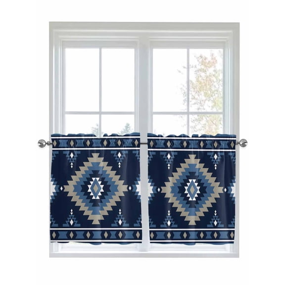 Half Window Curtains 24 Inches Long, Blue Boho Window Treatment Curtain Drapes, Aztec Southwest Abstract Geometric Motifs Short Curtains Tiers for Kitchen Over Sink, 27.5"x24", 2 Panels