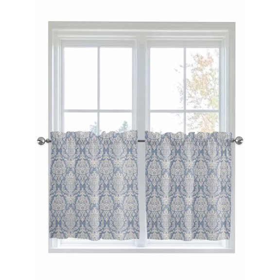 Half Window Curtains 24 Inches Long, Blue Boho Window Treatment Curtain Drapes, Vintage Mexican Ethnic Floral Southwestern Short Curtains Tiers for Kitchen Over Sink, 27.5"x24", 2 Panels