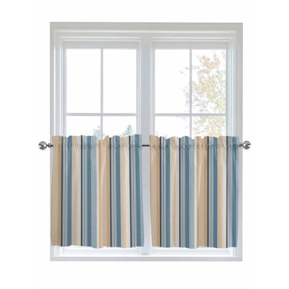 Half Window Curtains 24 Inches Long, Blue Brown Beige Window Treatment Curtain Drapes, Boho Farmhouse Abstract Stripes Art Short Curtains Tiers for Kitchen Over Sink, 27.5"x24", 2 Panels