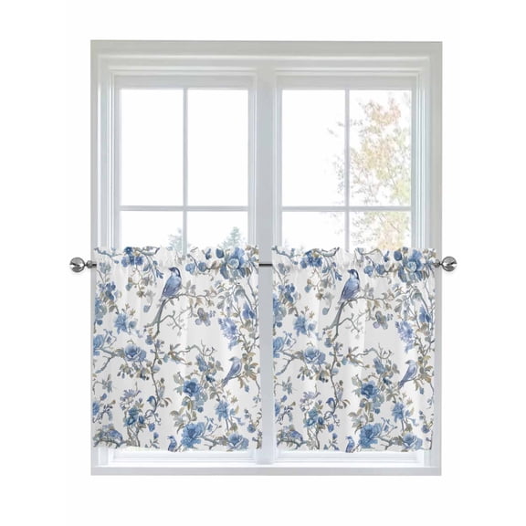 Half Window Curtains 24 Inches Long, Blue Floral Birds Window Treatment Curtain Drapes, Farmhouse Flowers Pastoral Short Curtains Tiers for Kitchen Over Sink, 27.5"x24", 2 Panels