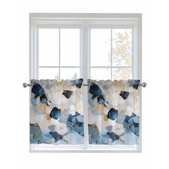 Half Window Curtains 24 Inches Long, Blue Geometric Window Treatment Curtain Drapes, Modern Abstract Oil Painted Short Curtains Tiers for Kitchen Over Sink, 27.5"x24", 2 Panels