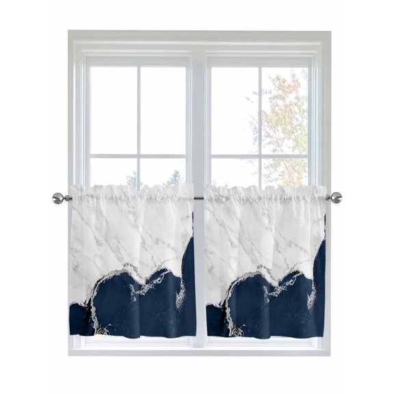 Half Window Curtains 24 Inches Long, Blue Marble Crack Window Treatment Curtain Drapes, Modern Abstract Geometric Texture Short Curtains Tiers for Kitchen Over Sink, 27.5"x24", 2 Panels
