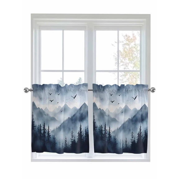 Half Window Curtains 24 Inches Long, Blue Mountain Peak Window Treatment Curtain Drapes, Forest Tree Bird Fog Landscape Short Curtains Tiers for Kitchen Over Sink, 27.5"x24", 2 Panels