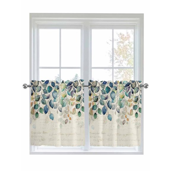 Half Window Curtains 24 Inches Long, Blue Teal Botanical Window Treatment Curtain Drapes, Weeping Fall Eucalyptus Leaves Rustic Short Curtains Tiers for Kitchen Over Sink, 27.5"x24", 2 Panels