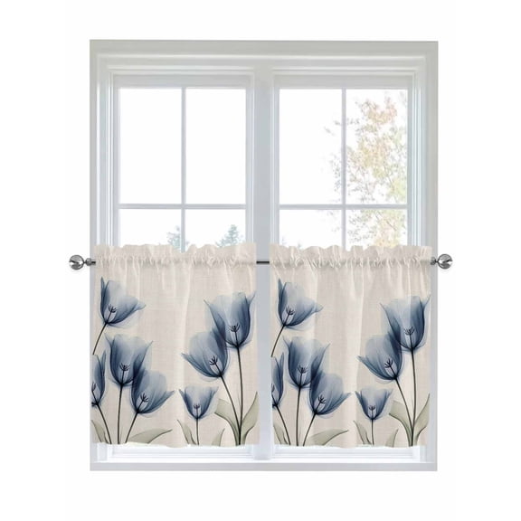 Half Window Curtains 24 Inches Long, Blue Tulip Window Treatment Curtain Drapes, Spring Floral Rustic Summer Botanical Short Curtains Tiers for Kitchen Over Sink, 27.5"x24", 2 Panels