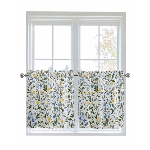 Half Window Curtains 24 Inches Long, Blue Yellow Spring Floral Window Treatment Curtain Drapes, Summer Elegant Botanical Green Short Curtains Tiers for Kitchen Over Sink, 27.5"x24", 2 Panels