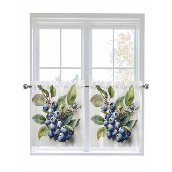 Half Window Curtains 24 Inches Long, Blueberries Window Treatment Curtain Drapes, Farmhouse Blue Fruits Green Botanical Short Curtains Tiers for Kitchen Over Sink, 27.5"x24", 2 Panels