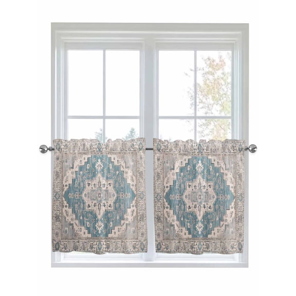 Half Window Curtains 24 Inches Long, Boho Blue Window Treatment Curtain Drapes, Southwestern Boho Geometric Abstract Art Short Curtains Tiers for Kitchen Over Sink, 27.5"x24", 2 Panels
