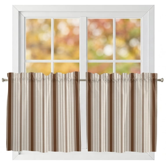 Half Window Curtains 24 Inches Long, Brown Striped Window Treatment Curtain Drapes, Modern Minimalist Stripes Farmhouse Short Curtains Tiers for Kitchen Over Sink, 27.5"x24", 2 Panels