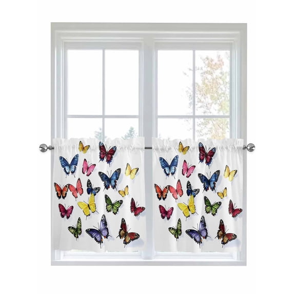 Half Window Curtains 24 Inches Long, Butterfly Print Window Treatment Curtain Drapes, Modern Colorful Animals Short Curtains Tiers for Kitchen Over Sink, 27.5"x24", 2 Panels