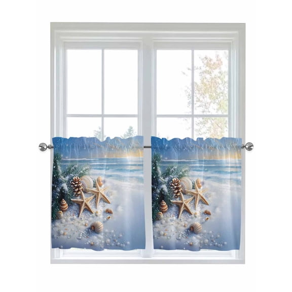 Half Window Curtains 24 Inches Long, Christmas Beach Window Treatment Curtain Drapes, Blue Shell Starfish Conch Pine Cone Snow Short Curtains Tiers for Kitchen Over Sink, 27.5"x24", 2 Panels