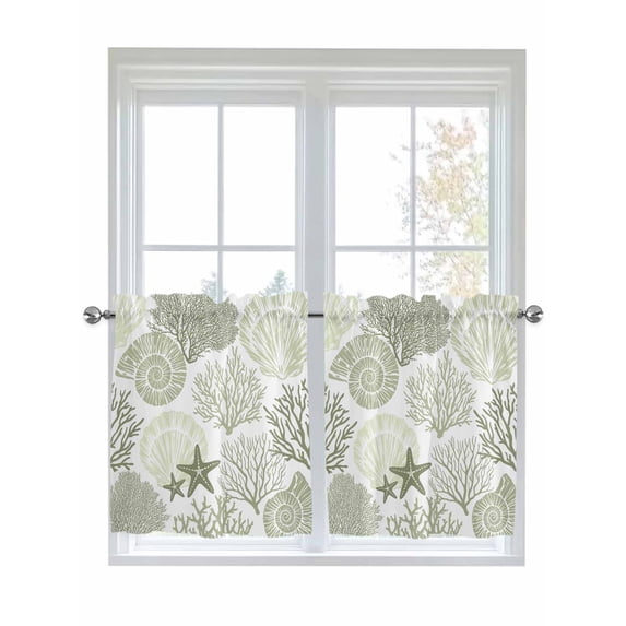 Half Window Curtains 24 Inches Long, Coastal Sage Green Window Treatment Curtain Drapes, Ocean Coral Starfish Shell Modern Short Curtains Tiers for Kitchen Over Sink, 27.5"x24", 2 Panels