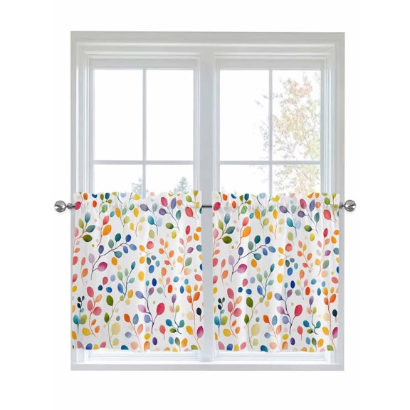 Half Window Curtains 24 Inches Long, Colorful Leaves Window Treatment Curtain Drapes, Modern Boho Painting Plant Branch Short Curtains Tiers for Kitchen Over Sink, 27.5"x24", 2 Panels