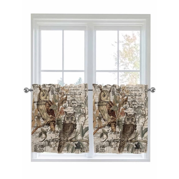 Half Window Curtains 24 Inches Long, Country Owl Window Treatment Curtain Drapes, Rustic Sping Floral Botanical Postmark Short Curtains Tiers for Kitchen Over Sink, 27.5"x24", 2 Panels