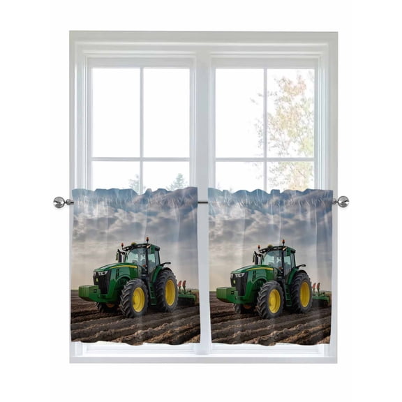 Half Window Curtains 24 Inches Long, Farm Tractor Window Treatment Curtain Drapes, Green Truck Country Rustic Field Harvester Short Curtains Tiers for Kitchen Over Sink, 27.5"x24", 2 Panels