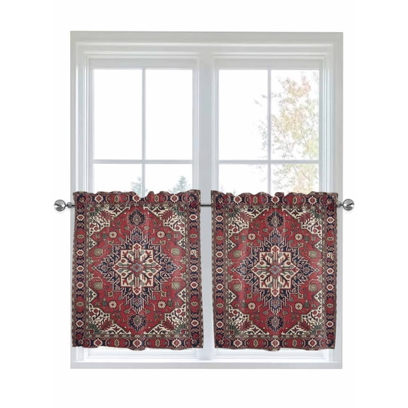 Half Window Curtains 24 Inches Long, Farmhouse Boho Window Treatment Curtain Drapes, Red Bohemia Tribal Nation Abstract Art Short Curtains Tiers for Kitchen Over Sink, 27.5"x24", 2 Panels