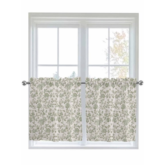 Half Window Curtains 24 Inches Long, Farmhouse Sage Green Window Treatment Curtain Drapes, Vintage Flower Leaf Botanical Short Curtains Tiers for Kitchen Over Sink, 27.5"x24", 2 Panels
