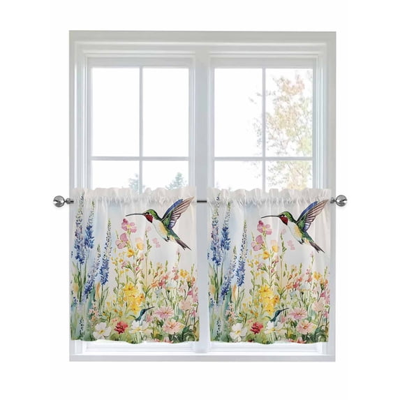Half Window Curtains 24 Inches Long, Floral Hummingbird Window Treatment Curtain Drapes, Spring Watercolor Flowers Short Curtains Tiers for Kitchen Over Sink, 27.5"x24", 2 Panels