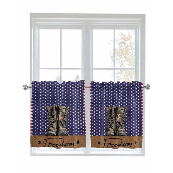Half Window Curtains 24 Inches Long, Freedom Boots Window Treatment Curtain Drapes, Independence Star Striped Vintage Short Curtains Tiers for Kitchen Over Sink, 27.5"x24", 2 Panels
