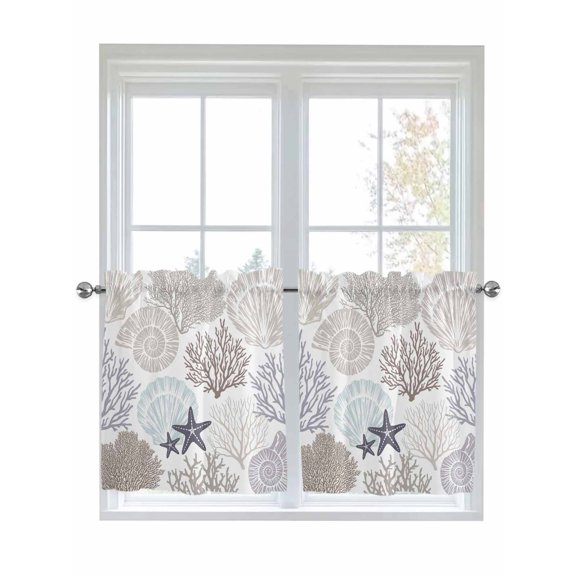 Half Window Curtains 24 Inches Long, Gray Shell Coral Window Treatment Curtain Drapes, Coastal Summer Beach Nautical Ocean Short Curtains Tiers for Kitchen Over Sink, 27.5"x24", 2 Panels
