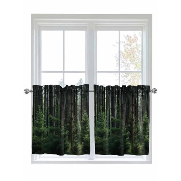 Half Window Curtains 24 Inches Long, Green Forest Window Treatment Curtain Drapes, Mysterious Primitive Forest Pine Tree Short Curtains Tiers for Kitchen Over Sink, 27.5"x24", 2 Panels