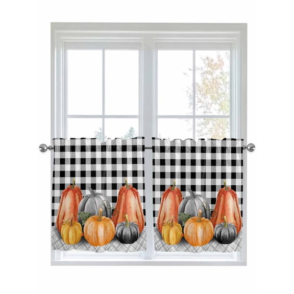 Half Window Curtains 24 Inches Long, Harvest Fall Pumpkins, Window Treatment Curtain Drapes, Fall Thanksgiving Plaid Lattice Black Grey Short Curtains Tiers for Kitchen Over Sink, 27.5"x24", 2 Panels