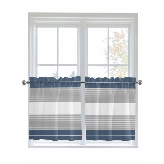 Half Window Curtains 24 Inches Long, Haze Blue Grey Stripe Window Treatment Curtain Drapes, Modern Art Horizontal Striped Short Curtains Tiers for Kitchen Over Sink, 27.5"x24", 2 Panels