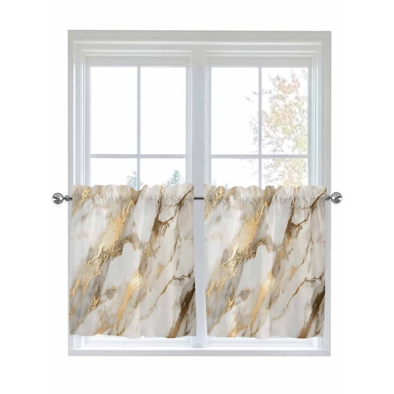 Half Window Curtains 24 Inches Long, Marble Gold Window Treatment Curtain Drapes, Abstract Luxury Wave Gold Marbling Modern Short Curtains Tiers for Kitchen Over Sink, 27.5"x24", 2 Panels