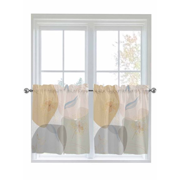 Half Window Curtains 24 Inches Long, Middle Century Window Treatment Curtain Drapes, Botanical Modern Yellow Blue Teal Beige Geometric Short Curtains Tiers for Kitchen Over Sink, 27.5"x24", 2 Panels