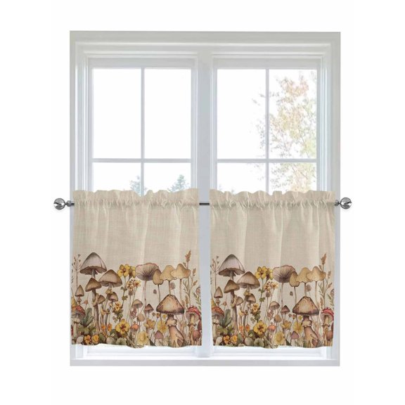 Half Window Curtains 24 Inches Long, Mushroom Window Treatment Curtain Drapes, Farmhouse Summer Botanical Floral Rustic Short Curtains Tiers for Kitchen Over Sink, 27.5"x24", 2 Panels