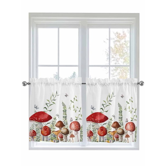 Half Window Curtains 24 Inches Long, Mushrooms Eucalyptus Window Treatment Curtain Drapes, Sage Green Botanical Butterflies Short Curtains Tiers for Kitchen Over Sink, 27.5"x24", 2 Panels