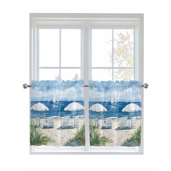 Half Window Curtains 24 Inches Long, Nautical Sea Wave Blue Window Treatment Curtain Drapes, Ocean Coastal Beach Plant Short Curtains Tiers for Kitchen Over Sink, 27.5"x24", 2 Panels