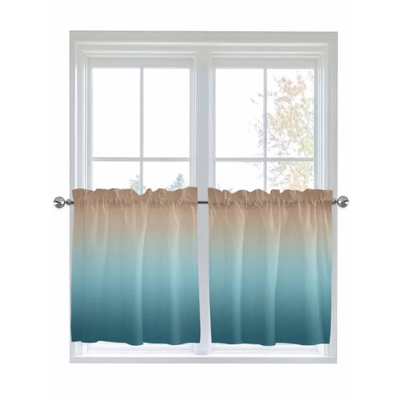 Half Window Curtains 24 Inches Long, Navy Blue Brown Ombre Window Treatment Curtain Drapes, Teal Gradient Color Modern Abstract Art Short Curtains Tiers for Kitchen Over Sink, 27.5"x24", 2 Panels