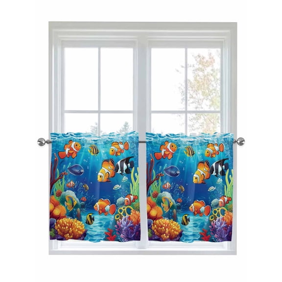 Half Window Curtains 24 Inches Long, Ocean Coral Fish Window Treatment Curtain Drapes, Colorful Underwater World Seagrass Short Curtains Tiers for Kitchen Over Sink, 27.5"x24", 2 Panels